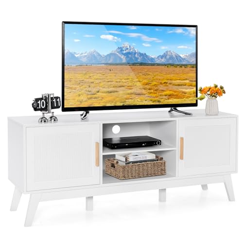 LOKO Natural Rattan TV Stand for 65-Inch TV, Media Storage Cabinet with 2 Doors, Adjustable Shelf, Modern Media Entertainment Center with Cable Management Holes for Living Room, Bedroom