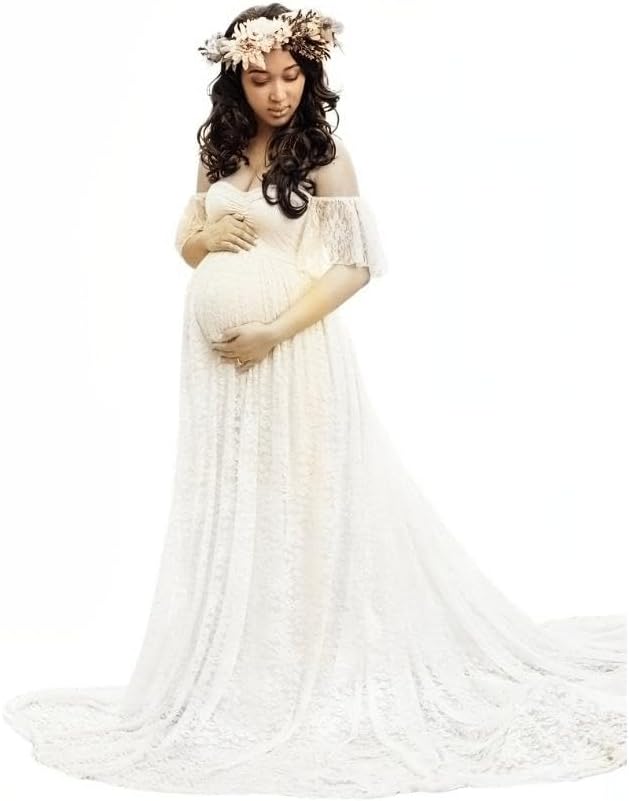 Summer Lace Maternity Dress for Photoshoot Clothes Props Off Shoulder Flying Sleeve Plus Size Robes Gowns Pregnancy Dresses - White||XL