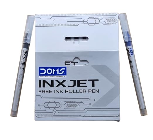Image of Doms Inxjet Roller Pen-Blue Ink-Pack of 10| 0.5mm Needle Tip, Precision Ink Regulator, Visible Level| Comfortable Grip For Long & Smooth Writing| Sterdy Pocket Clip