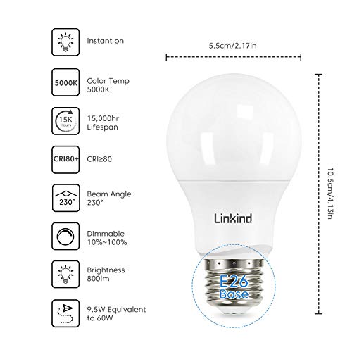 Linkind 60W Equivalent, A19 Led Light Bulbs 5000K Daylight, Non Dimmable Bulbs &Dimmable Bulbs #TOP2