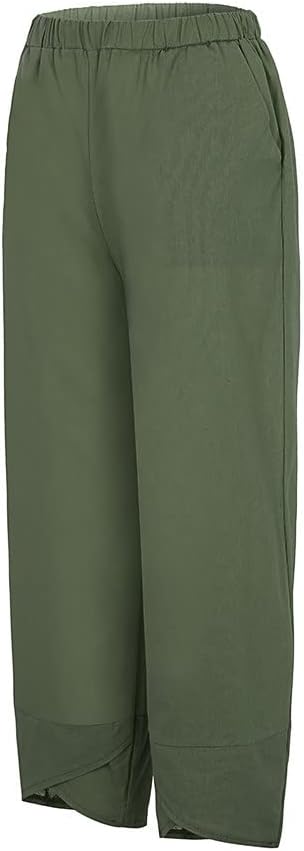 Linen Pants Women Casual Summer Cotton Cropped Tulip Pants Comfy Baggy Elastic Waisted Lounge Trousers with Pockets