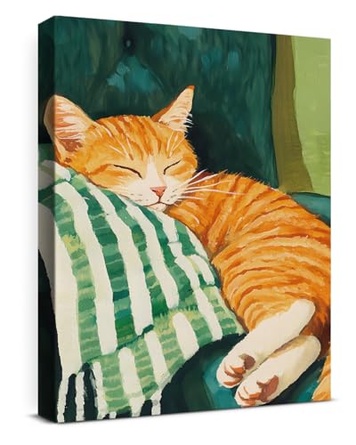 Cute Sleeping Cat Wall Art Decor Funny Kitten Canvas Print Poster Aesthetic Framed Painting for Home Apartment Living Room Decor 11x15 Inch, Cat Lover Gifts