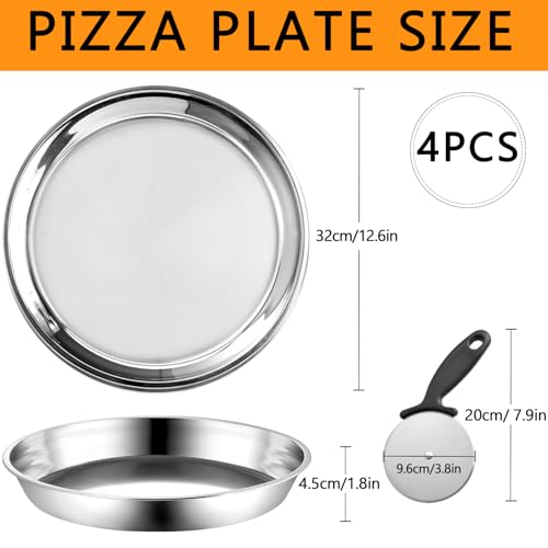 LOSYHU 4 Pieces 32CM Stainless Steel Pizza Pans with Pizza Cutter - Heavy-Duty Deep Round Baking Trays for Oven Use, Rust-Resistant & Dishwasher Safe - Image 2