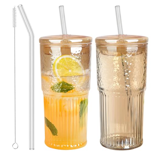 Vasos de vidrio con tapas y popotes, vasos de agua helada ámbar de 20 onzas para jugo de hielo, té, leche, batido y bebidas frías o calientes, juego de 2