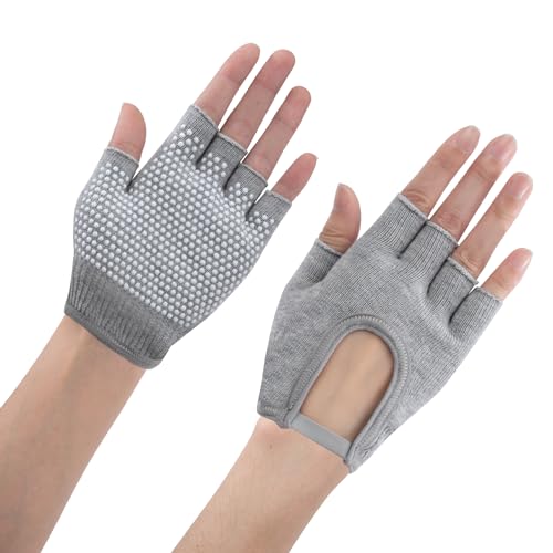 ZLLkeji Guanti da yoga antiscivolo, traspiranti, per pilates, comodi assorbimenti del sudore, da donna, con pois bianchi in silicone, senza dita, idea regalo grigio