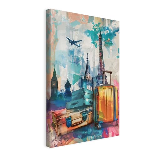 WALLERO Cuadro en lienzo París maletas avión Pop art – Decoración de pared moderna e impresión artística | Cuadro para salón dormitorio cocina recibidor 20x30 cm
