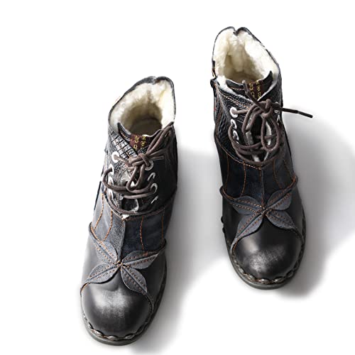 TMA EYES Textured Leather Patchwork Washed Leather Lace-Up Women's Ankle boots4