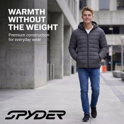 Image of Spyder Puffer Jacket Men - Packable Lightweight Quilted Hooded Winter Coat | Soft-touch insulation, packs into inner zip pocket, reversed coil zipper, zippered hand pockets