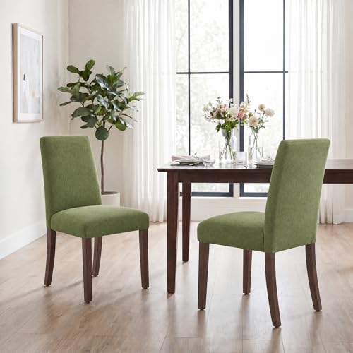 Image of Upholstered Dining Chairs Set of 2, Mid-Century Dining Room Chairs with Wooden Legs, Farmhouse Fabric Parsons Chairs for Small Space Restaurant & Cafe- Green