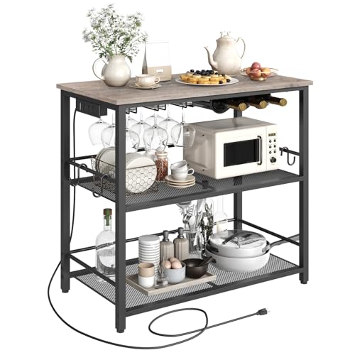 Image of MAHANCRIS 35.4" Kitchen Island, Kitchen Storage Rack with Power Outlet, Microwave Stand with Wine Rack, 3 Tier Coffee Bar Station for Dining Room, Greige and Black KIHG91E01