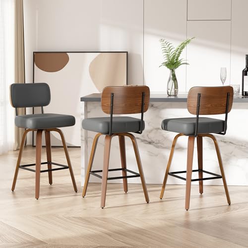 Image of Swivel Bar Stools Set of 3, 26 inch Upholstered Faux Leather Counter Height Barstools with Walnut Back & Bentwood Legs, Mid Century Modern Bar Chairs Island Stools for Kitchen Counter, Dark Grey