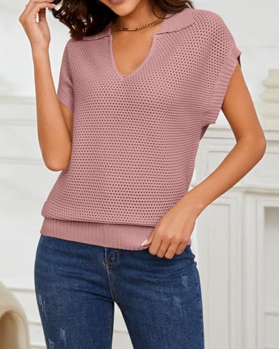 Image of Womens Summer Cap Sleeve Sweater,Polo V Neck Crochet Hollow Out Sleeveless Oversized Tops 2024