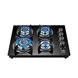 AVERA Parrilla de Gas 4 Quemadores Premium 60 cm, Vidrio Templado Negro, Soportes de Hierro Fundido,...