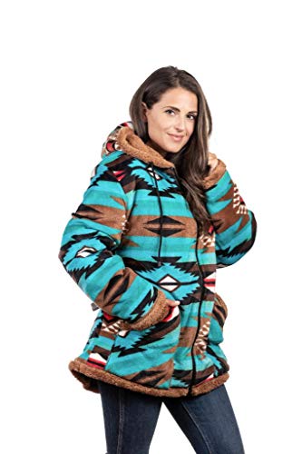 Trailcrest Ladies Smart Plush Sherpa Lined Hooded Sweater Jacket, Zip Up Classic (Small, Teal Aztec) #TOP4