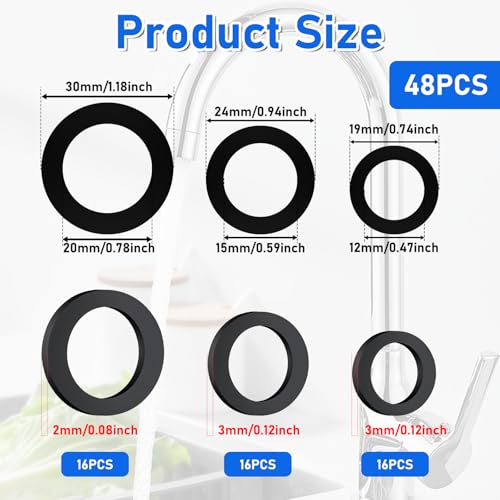 JIANwen 48 Stück Dichtungsringe Set, 12/15/20mm Gummischlauchringe Dichtungsringe für Wasserhahn O-Ring Dichtringe Gummi Schlauch Unterlegscheiben für Brausekopf Wasserhähne Brauseschlauch