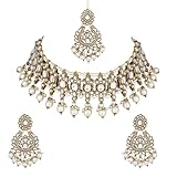 I Jewels Indian Wedding Bollywood Kundan Pearl Drop Choker Necklace Jewellery With Earrings & Maang Tikka Set For Women (K7276) (White)