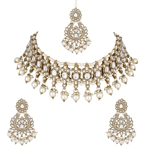 I Jewels Indian Wedding Bollywood Kundan Pearl Drop Choker Necklace Jewellery With Earrings & Maang Tikka Set For Women (K7276) (White)