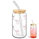 Qaestuan Pinke Schleife Trinkgläser, Glas Trinkbecher mit Deckel und Strohhalm, 500ml ästhetisches Glass Tumbler, Vielseitiges und Stilvolles Trinkglas, für Cocktails, Whiskey, Bier, Limonade