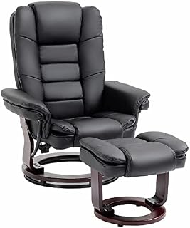 HOMCOM Manual Recliner and Footrest Set PU Leather Leisure Lounge Chair Armchair with Swivel Wood Base, Black