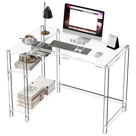 Eglaf Acrylic L-Shaped Desk - Clear Desk with Reversible Storage Shelves - Modern Home Office Desk Corner Desk for Study, Writing, Rectangular Legs, Easy Assembly, 39.4" L x 27''W x 29.5" H Cover