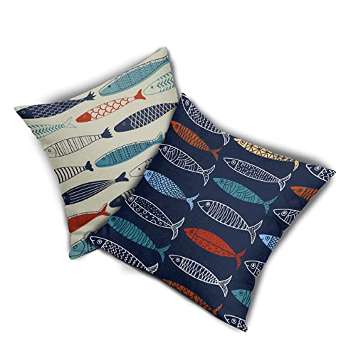 Fish Throw Pillow Covers Decorative Linen Pillowcases Colorful Fish Pillow Case Set Of 2 Nautical Theme Square Cushion Covers For Sofa Bedroom Couch Home Outdoors #TOP1
