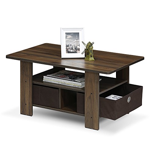 Image of Furinno Andrey Coffee Table with Bin Drawer, Columbia Walnut /Dark Brown | 2x Bin Drawers, Soft-Corner, Small Rectangular Side Table for Living Room, Bedroom, Home Office