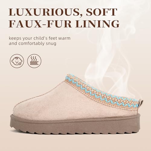 Kids’ Cosy Faux Suede Mule Slippers – Slip-On House Shoes for Boys and Girls with Embroidered Trim & Anti-Slip Sole (BEIGE, One Size, Big Kid, 1, Numeric, UK Footwear Size System, Medium) - Image 2