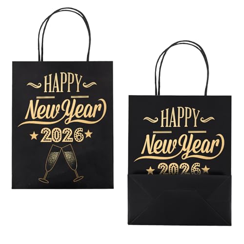 WRAPAHOLIC Medium Size Gift Bags - 12 Pack Happy New Year 2026 Black and Gold Foil Paper Bags for New Year Celebrating, Party - 8" x 4" x 10" by WRAPAHOLIC - Image 3