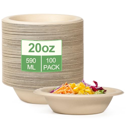 greensight 100 Stück Pappschalen Einweg Suppenschalen 590ML Zuckerrohr Einweggeschirr Suppenteller Einwegsuppenschale Braun Schälchen Einmal Party Rund Kompostierbare Einwegteller tief