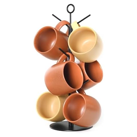 xympo Metal Coffee Mug Tree Holder - 6 Mug Rack Stand Organizer for Table & Counter - Kitchen Storage, Decor, Cabinet Accessories, Display Shelf, Countertop Station - Black Cover