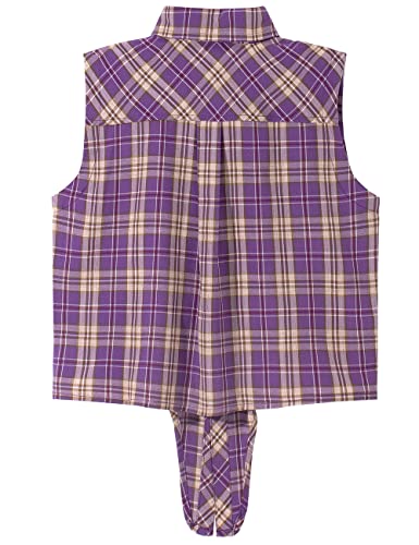 Noomelfish Girls Sleeveless Plaid Button Down Shirt Tie Knot Blouse Tank Tops, Purple Plaid, Size 11-12 Years #TOP3