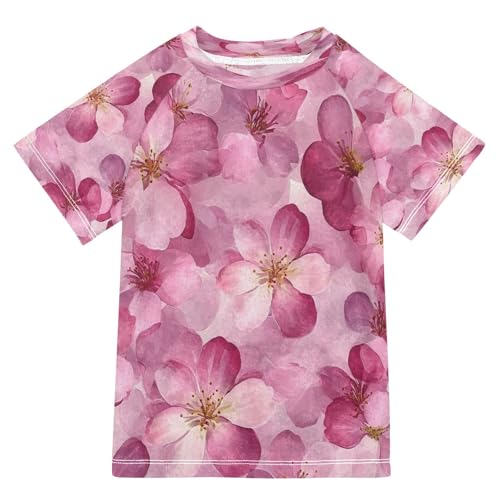 Boys Short Sleeve T-Shirts Pinks Cherry Floral Rashguard Kids Swim Shirts Sun UPF 50+