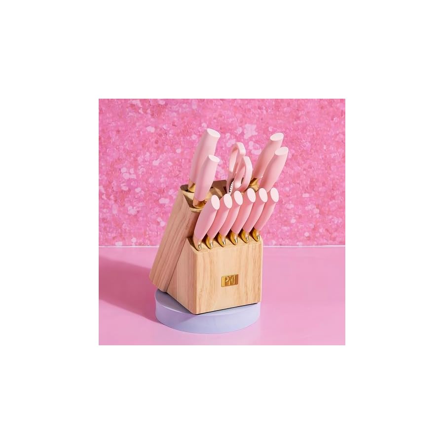 Paris Hilton 12-Piece Knife Set with Block, High-Carbon Stainless Steel Cutlery, Precision Blades and Ergonomic Handles, Pink