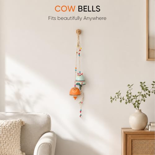 Image of Aakriti Art Creations Handcrafted Terracotta Cow Bells | Handmade Modern Art Terracotta Hanging Bell Wind Chime | Decorative Indoor & Outdoor Hanging for Balcony, Garden, Living Room & Gifting