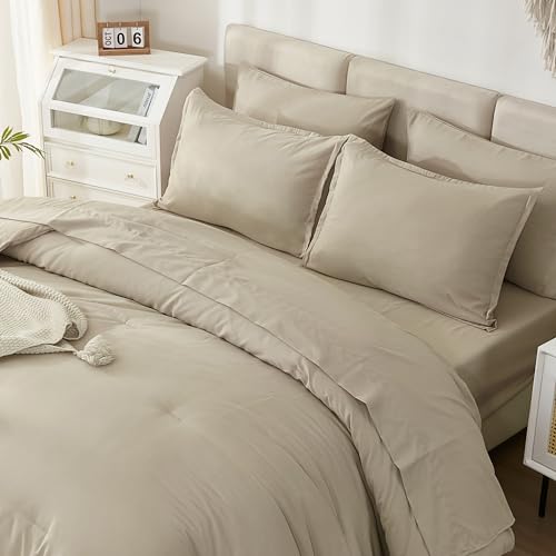 Litanika Comforter Queen Size Set Khaki - 7 Pieces Bed in a Bag Queen Bedding Comforter Sets, Plain Lightweight Bed Set with Comforter, Sheets, Pillowcases & Shams