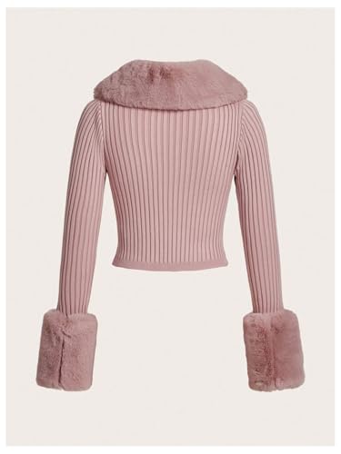 Image of MakeMeChic Women's Faux Fur Fuzzy Cardigan Sweaters Valentines Day Outfit Y2K Long Sleeve Rib Knit Cardigan