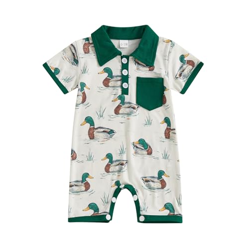 Image of Awwpiely Infant Baby Boy Short Sleeve Romper Jumpsuit Duck Hunting Waffle Knit Outfit Newborn Spring Summer One Piece Clothes