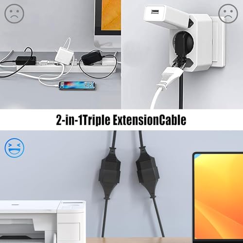 Przedłużacz 2-drożny Euro, przedłużacz euro 1,5 m, kabel zasilający 2 w 1, potrójna wtyczka typu C, maks. 0,75 mm², 2,5 A/250 V do TV, PC, monitora, lampy, czarny