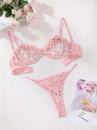Lilosy Sexy Cute Underwire Push Up Strappy Heart Embroidered Mesh Sheer Lingerie Set for Women Bachelorette See Through Bra and Panty 2 Piece Pink Medium - Image 5