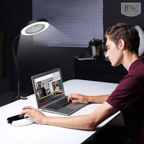 Image of BROLAVIYA Overhead 5X Magnifying Glass with Led Light and Stand, 3 Color Modes Dimmable, Flexible Hose Metal Arm, Magnifier Desk Lamp for Crafts, Makeup, Reading, Photography - Black