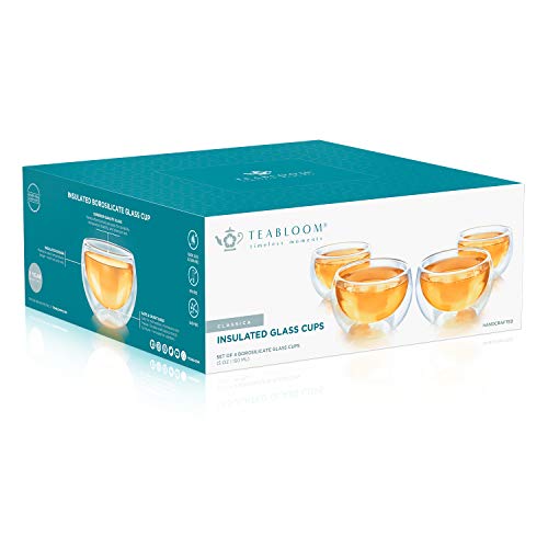 Teabloom Tasses à double paroi Ensemble de 4 tasses en verre isotherme pour thé, café, espresso et plus - 150 ml - Collection de tasses à thé Classica