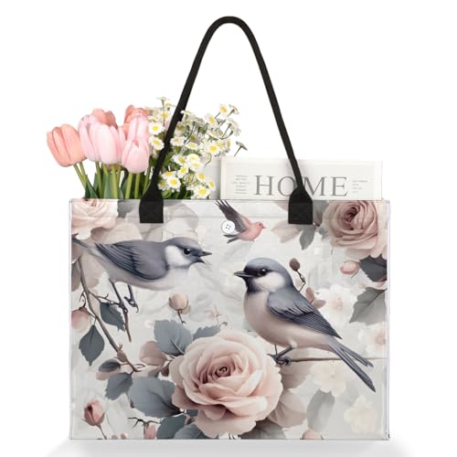 Art Bird Roses Tote Bag for Women Large Beach Bag Reusable Tote Bags for Work Travel Beach Shopping3