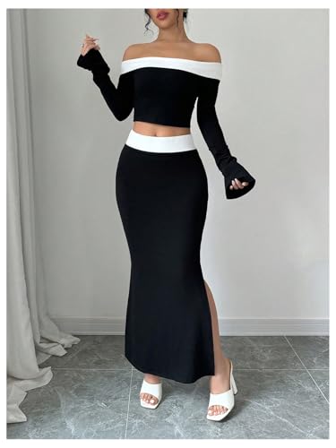 WDIRARA Women's 2 Piece Split Fishtail Skirt Set Monochrome Off Shoulder Top Outfit4