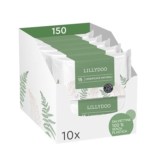 Salviettine naturali LILLYDOO green,150 pezzi(10x15),100% senza plastica e resistenti agli strappi – senza profumi, detergono delicatamente e con dolcezza la pelle sensibile,testate dermatologicamente