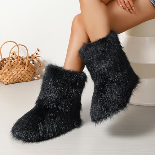 Women's Faux Fur Boots Size 9 - Mid-Calf Winter Snow Boots with Fluffy Lining, Y2K Fashion Warm Shoes for Women2
