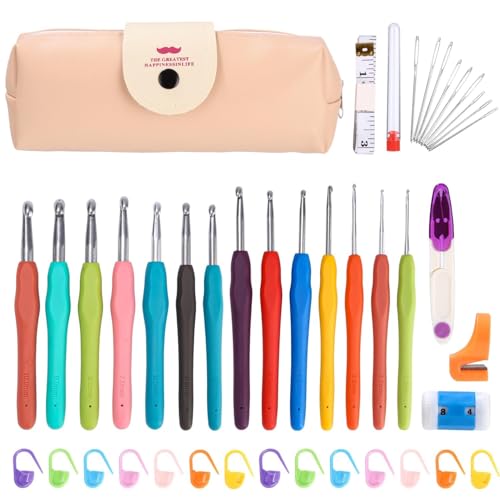 jutyum 37 Piezas agujas Ganchillo 14 agujas crochet 8 Tamaños 2.0mm-10.0mm ganchillos crochet kit rgonómico Soft Rubber Grips crochet kit principiantes Set de Ganchillocon bolsa de almacenamiento