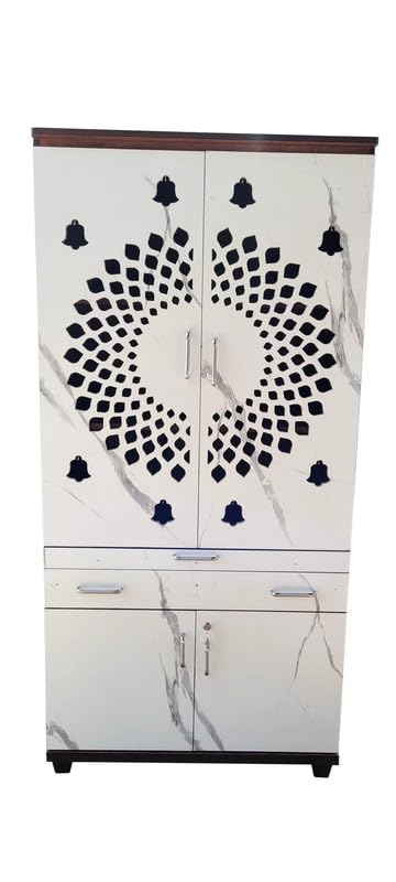 Image of 6 x 3 ft Wooden Pooja Mandir with Kalasam | Mandir for Home and Office | Wall Mount Temple with Storage | 36 inch L x 72 inch H x 12 inch D | White Marble Finish