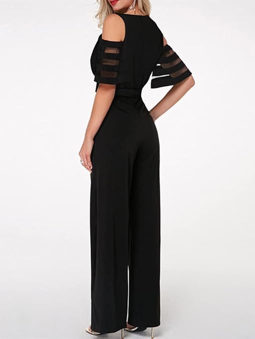 Combinaison Femme Shownicer | Col V Manches Courtes | Pantalon Large Avec Poches | Uni Couleur
