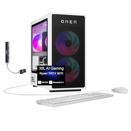 HP OMEN 35L AI Gaming Desktop PC (AMD Ryzen 7 8700F GeForce RTX 5070 12GB GDDR7 32GB DDR5 1TB SSD RGB Fans 850W PSU WiFi 6 Bluetooth 5.4 RJ-45 Win 11 Home) w/DKZ USB Port Expander