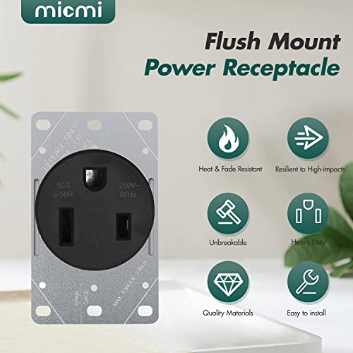 Nema 6-50R Receptacle Outlet 50 Amp Flush Mounting With Wall Plate, 2 Pole, 3 Wire 125/250V, Heavy Duty Commercial Industrial Grade Ul Listed, Micmi #TOP1